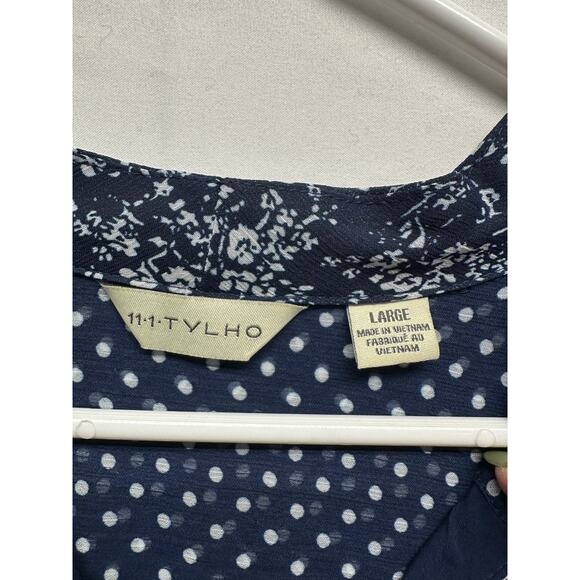 Anthro 11:1 TYLHO Navy Polka Dot Tie-Neck Dress L Breezy Retro Style Old Money - Picture 8 of 11